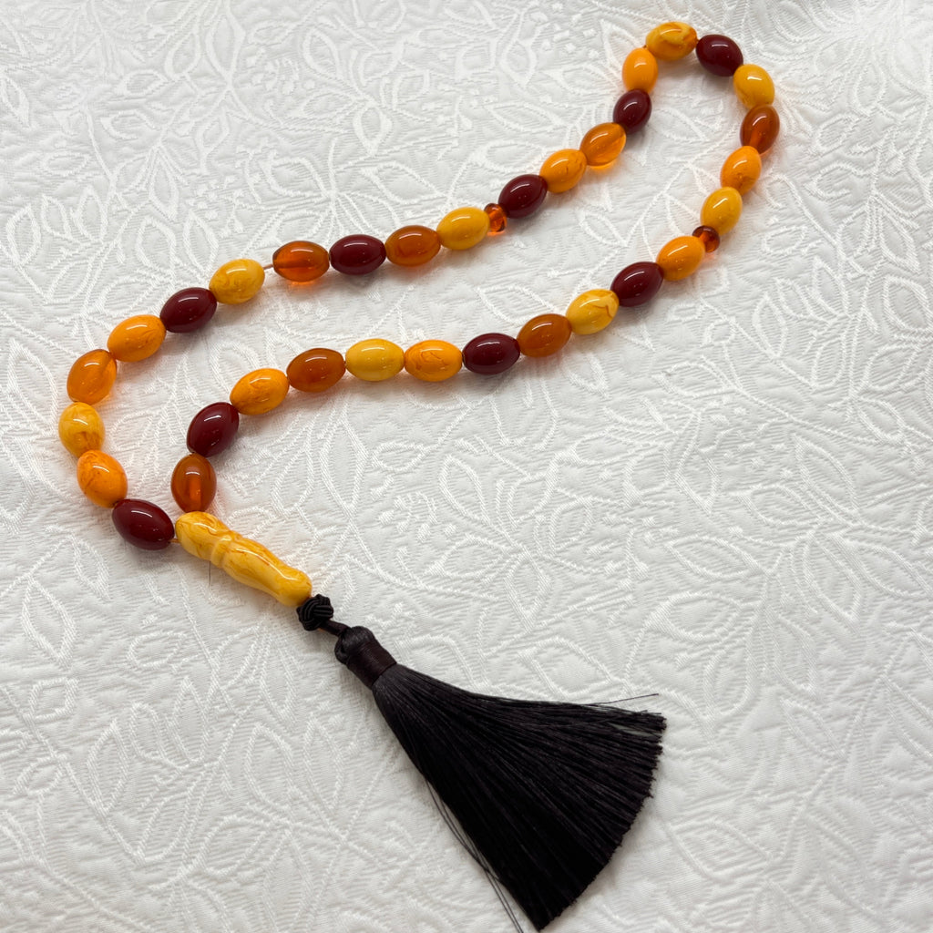 Autumn Mosaic Tasbih with amber orange and burgundy oval beads