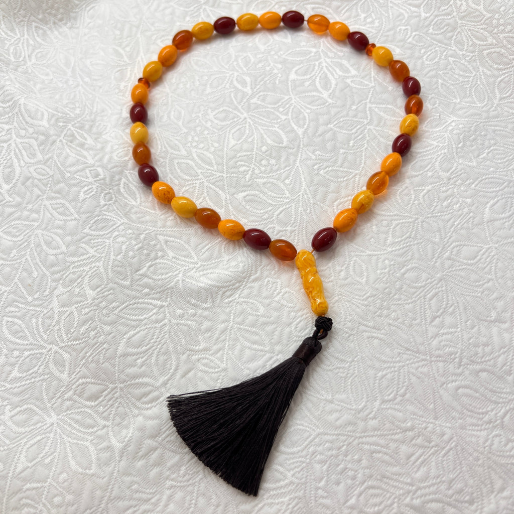 Full view of Autumn Mosaic 33-bead Tasbih and black tassel