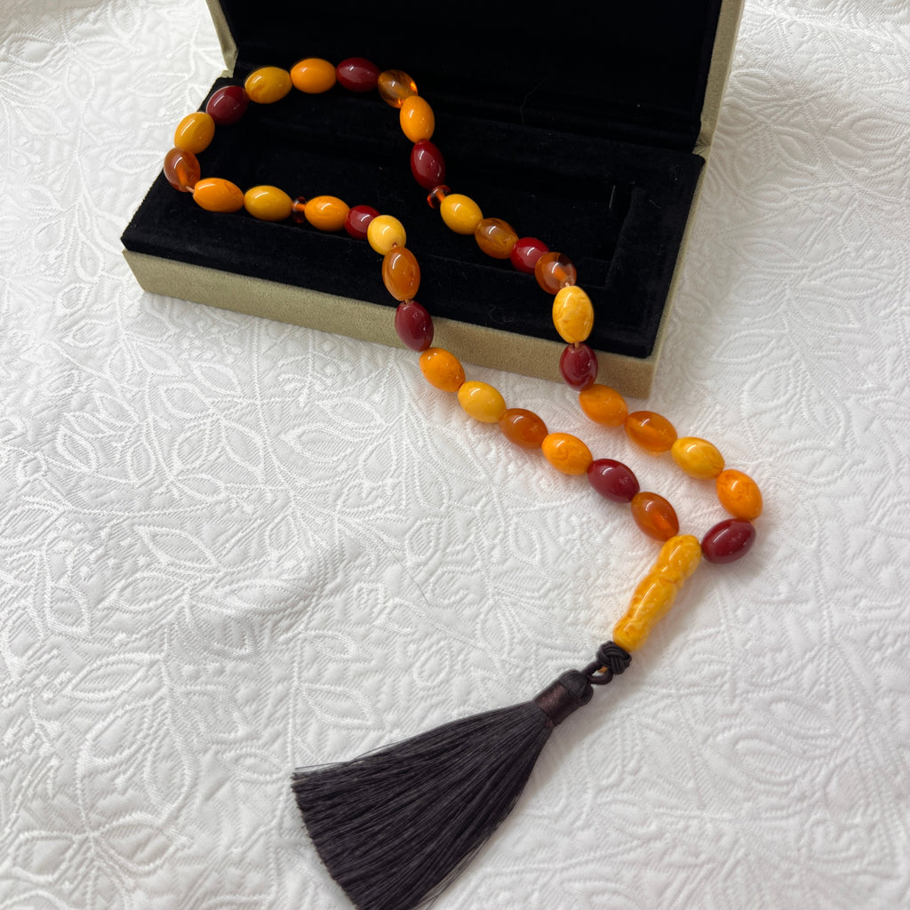 Autumn Mosaic 33-bead Tasbih with black tassel displayed in gift box