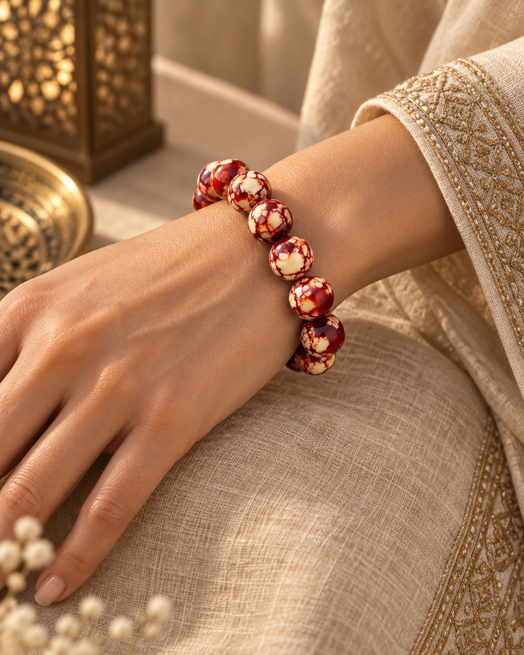 Crimson Mosaic Resin Bead Bracelet