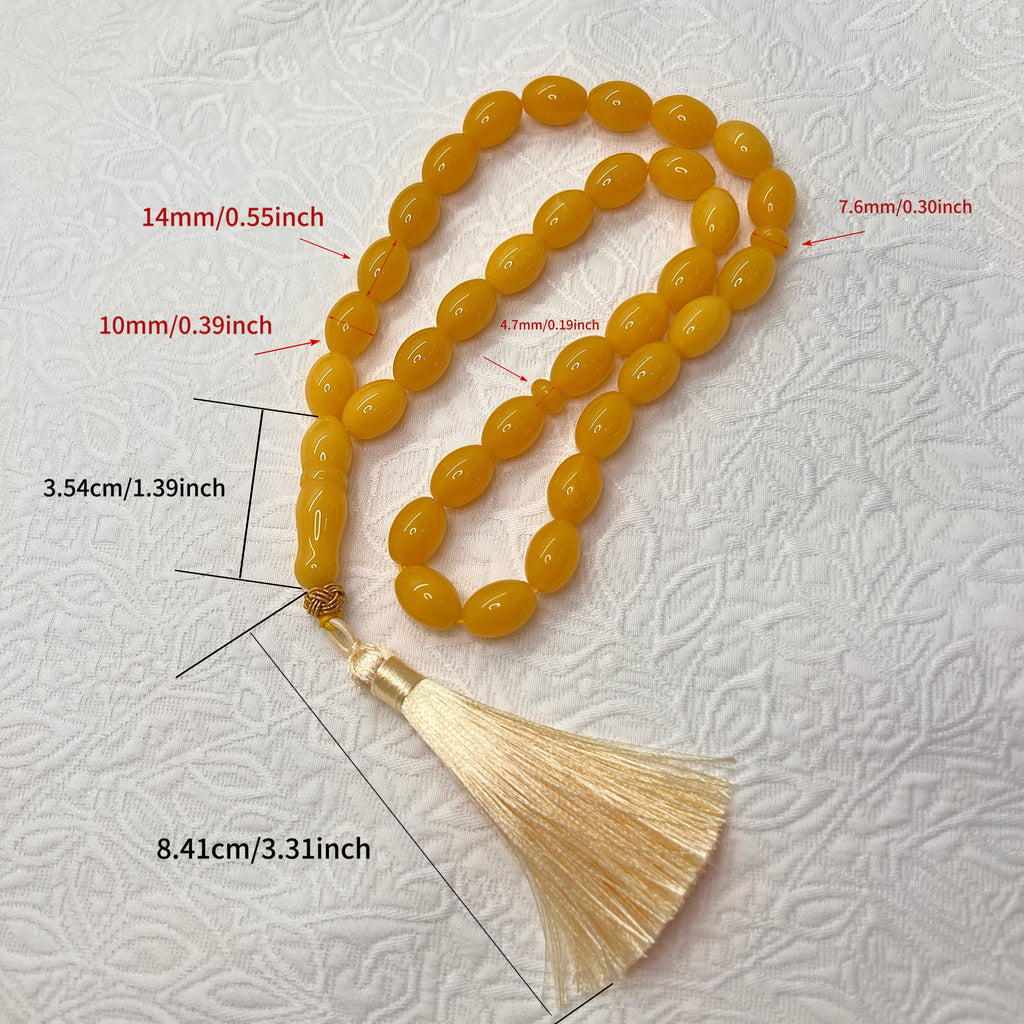 Golden amber-tone 33-bead Tasbih dimensions