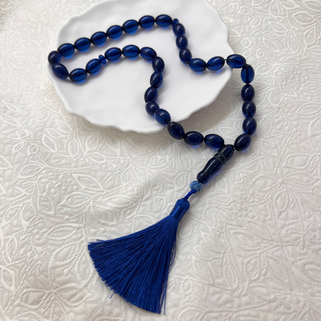 Midnight Blue 33-bead Tasbih displayed on a white dish