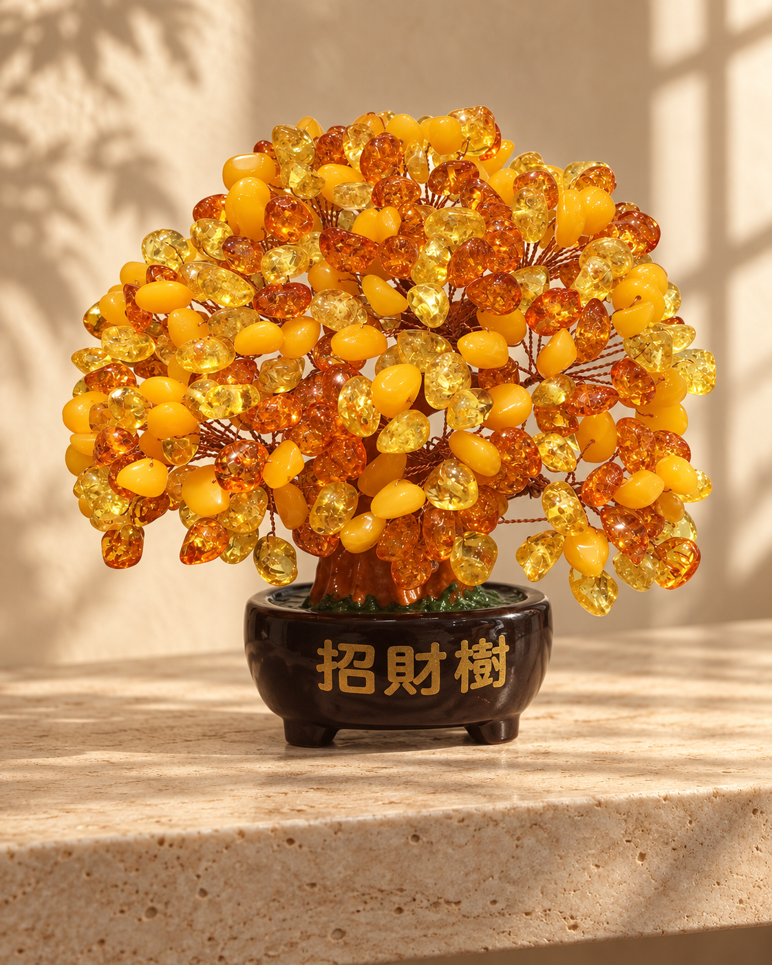 Handcrafted golden resin money tree in a dark pot on a warm stone console